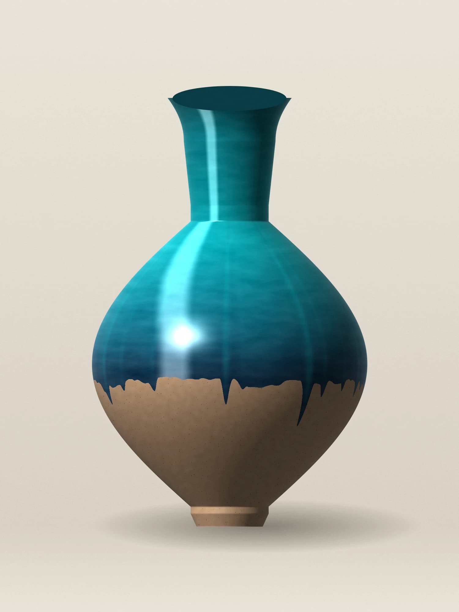 A stoneware vase with a glossy turquoise glaze that drips over bare speckled clay at the base