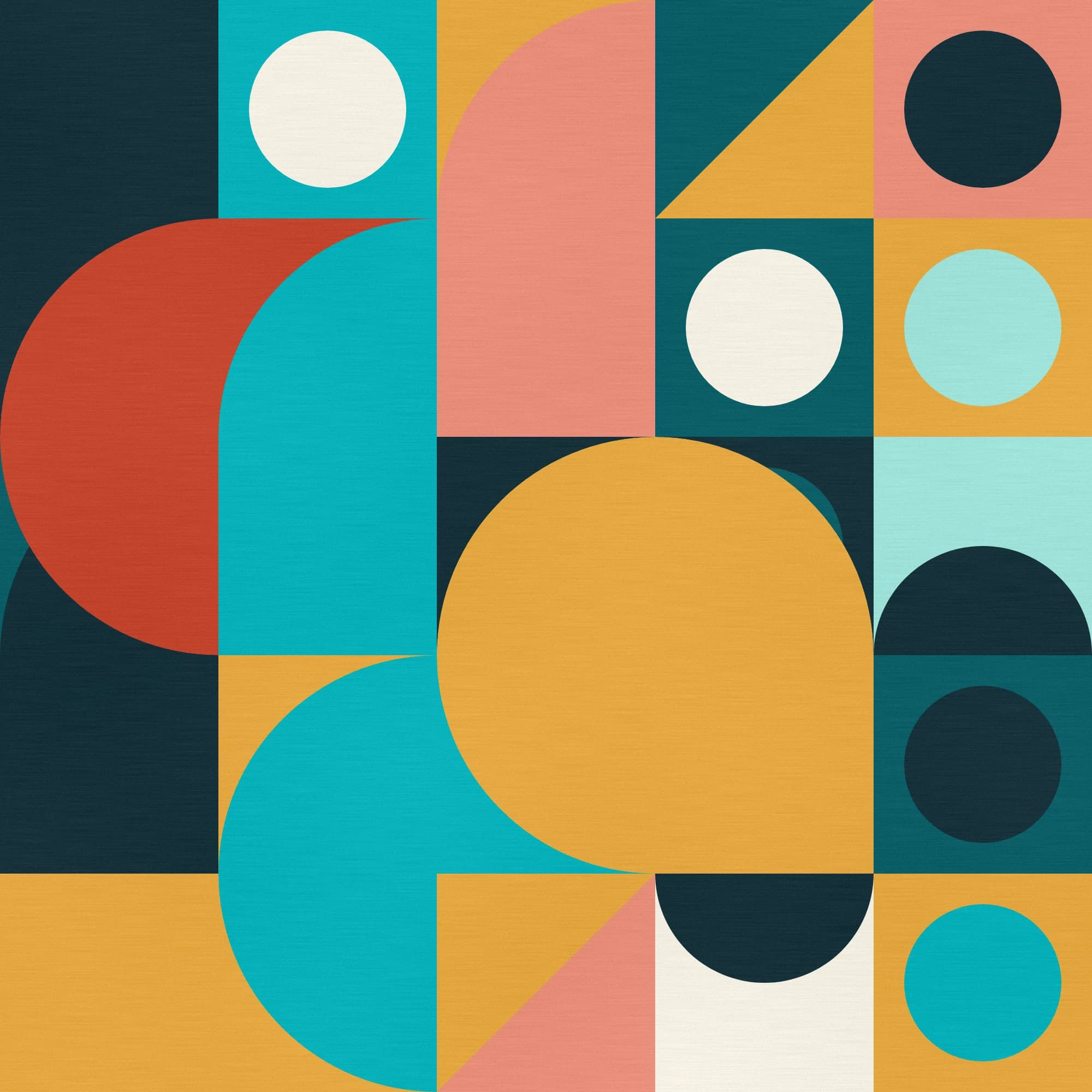 A hard-edge geometric painting of circles, half circles and triangles in turquoise, coral, gold and navy