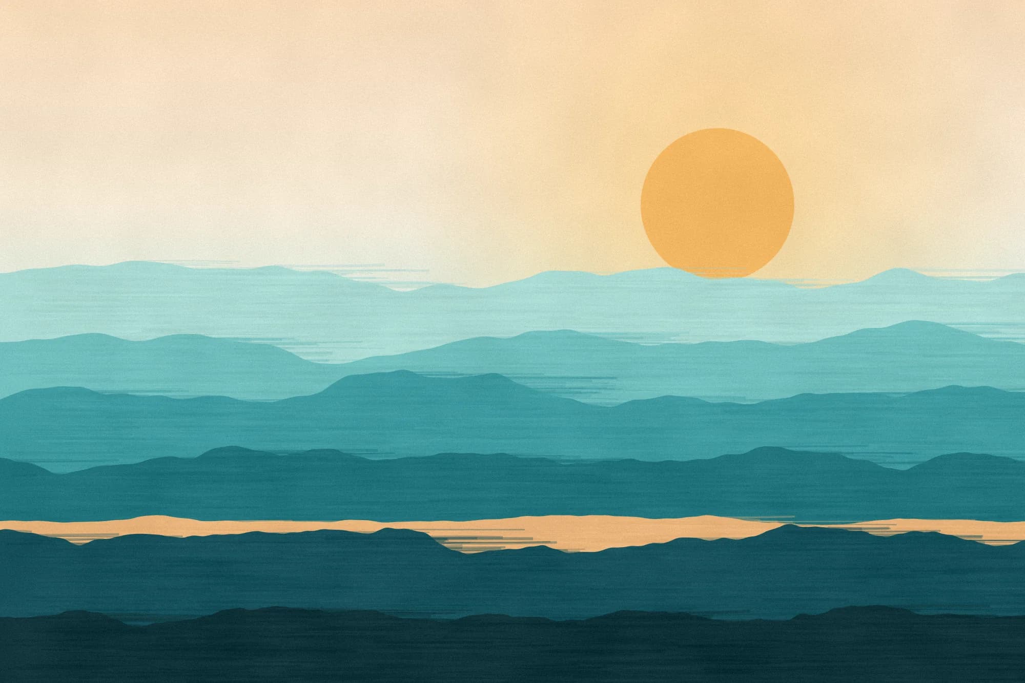 A calm layered landscape of teal hills and a river band under a pale orange sun