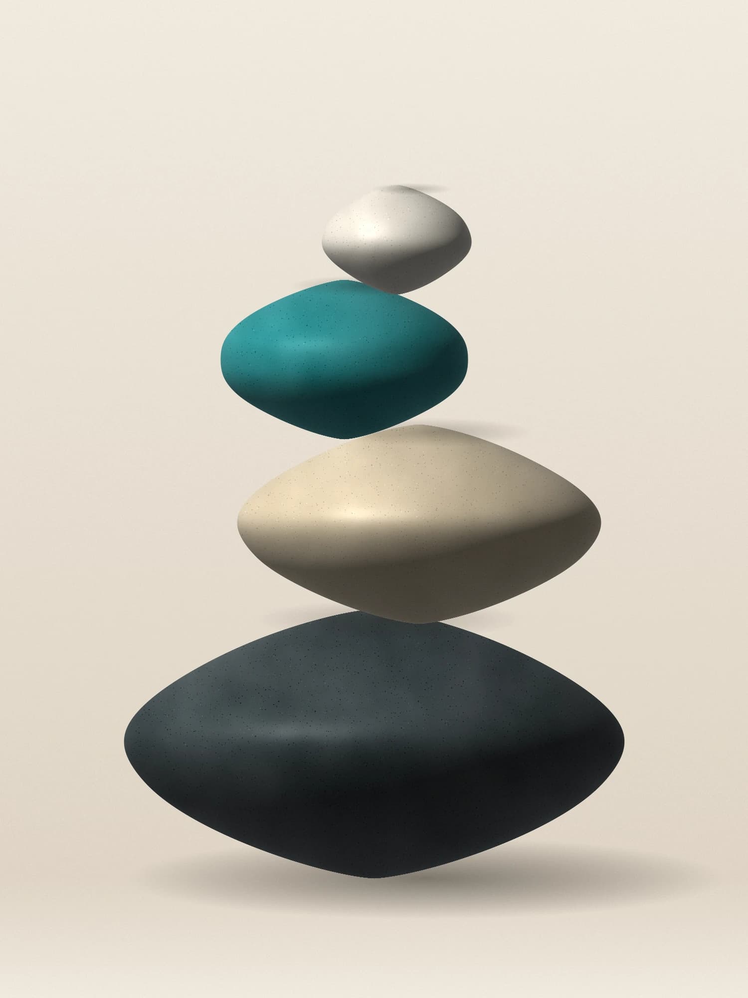 A small sculpture of four smooth carved stones balanced in a stack - charcoal, sand, teal and cream