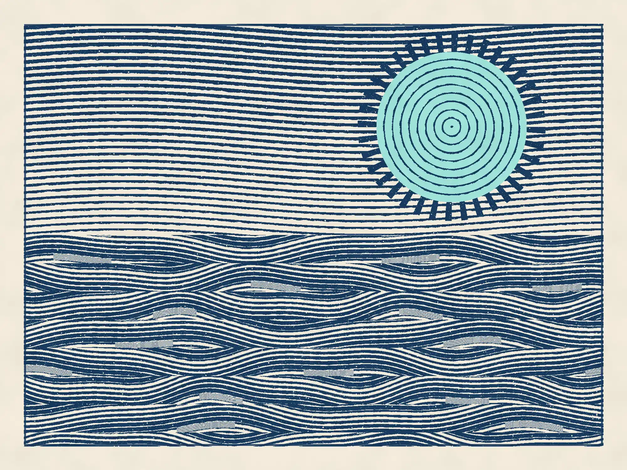 A navy linocut of carved rolling waves under a mint moon with a ringed halo