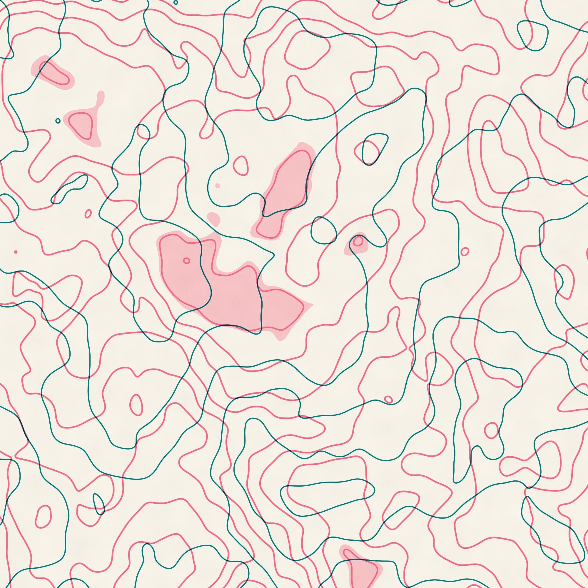 A risograph print of pink and teal contour lines that wander like a topographic map