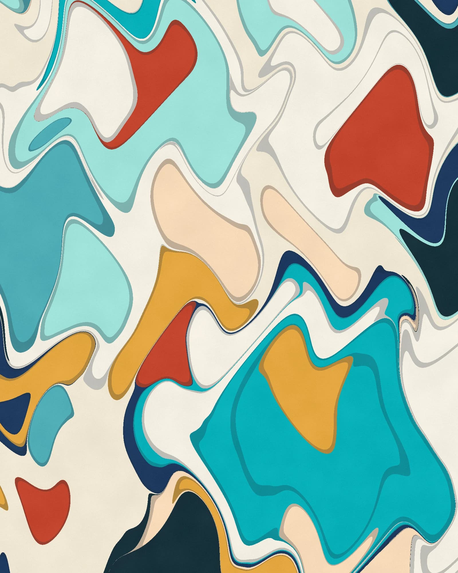 A marbled paper print with swirling bands of turquoise, navy, gold, coral and cream
