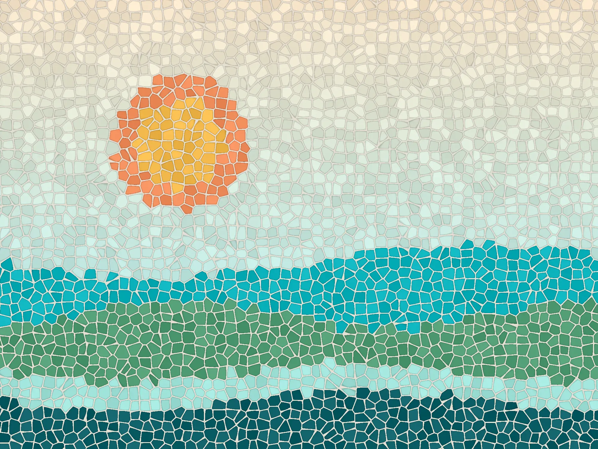A tile mosaic of an orange sun over turquoise and green hills and a mint river