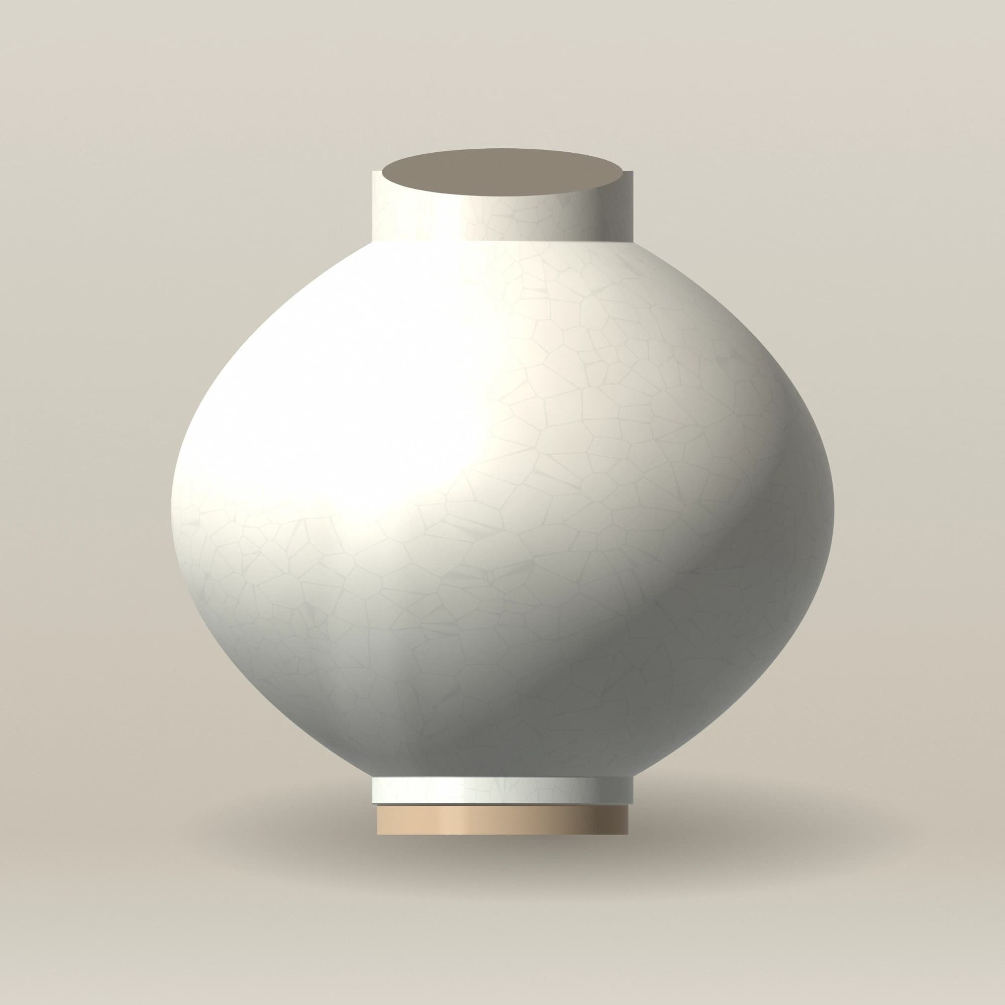 A round, creamy white porcelain jar with a fine crackle glaze on a plain studio backdrop