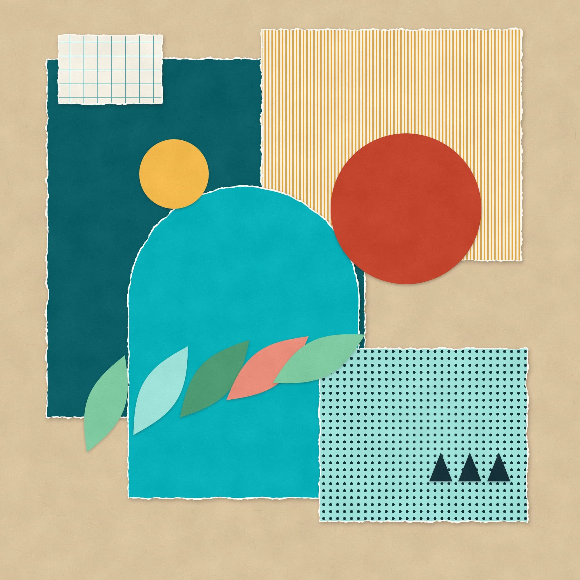 A collage of torn and cut paper - a turquoise arch, a coral circle, striped and dotted papers and green leaves on kraft
