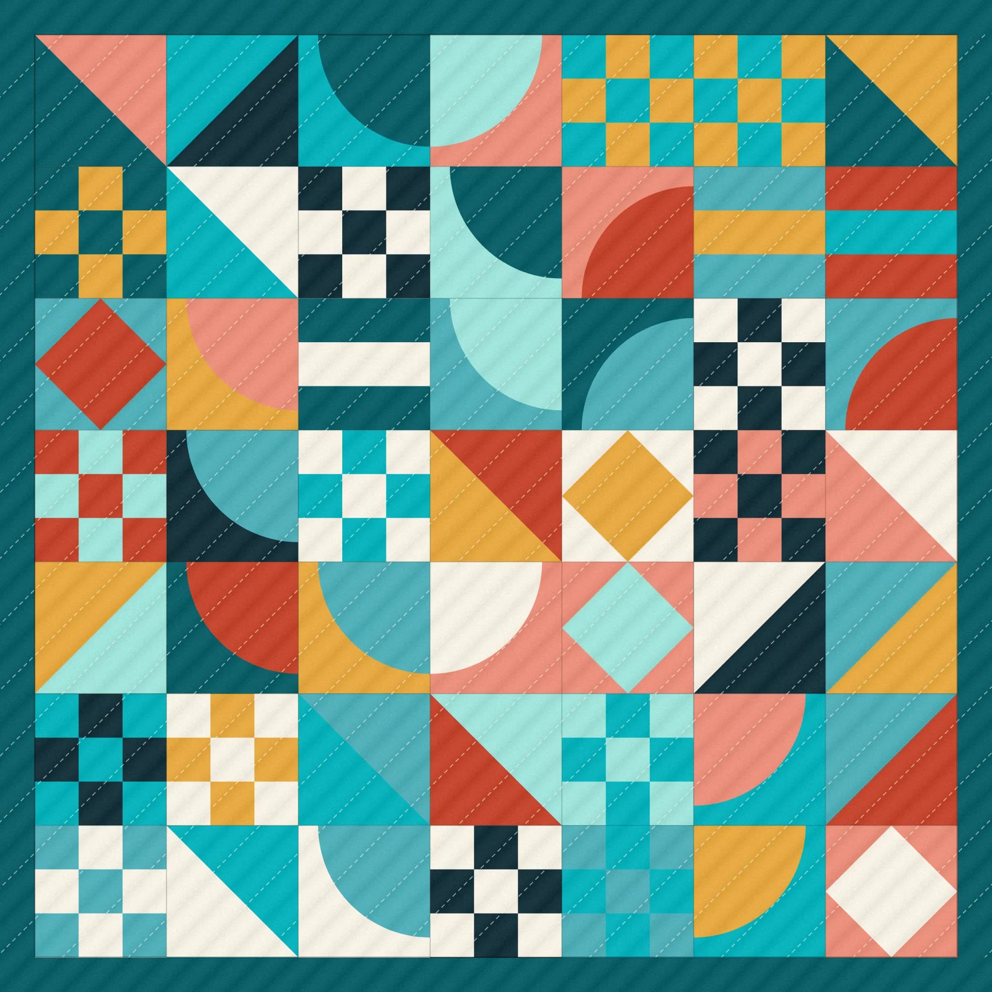 A patchwork quilt of triangles, checks, quarter circles and diamonds in turquoise, coral, gold and cream