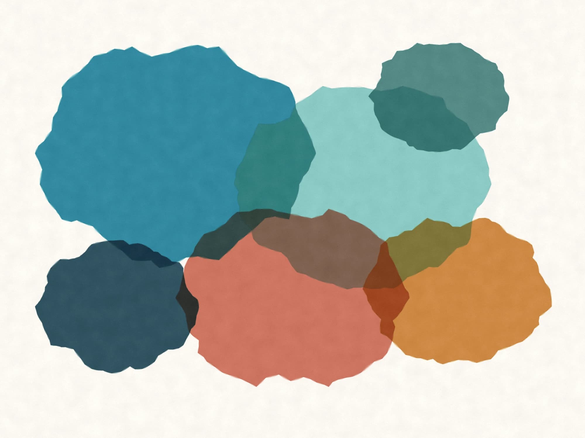 A loose watercolour of six overlapping washes in teal, mint, coral and amber on white paper