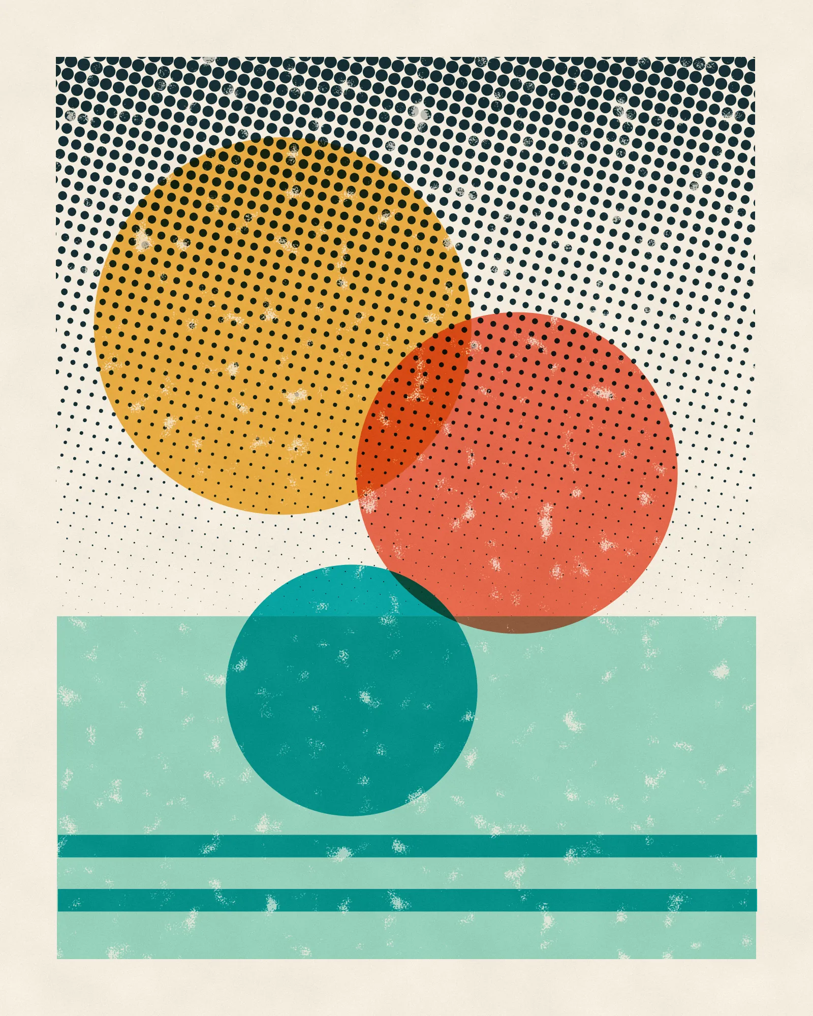 A bold screen print of three overlapping suns in gold, coral and turquoise over a dotted sky and mint ground