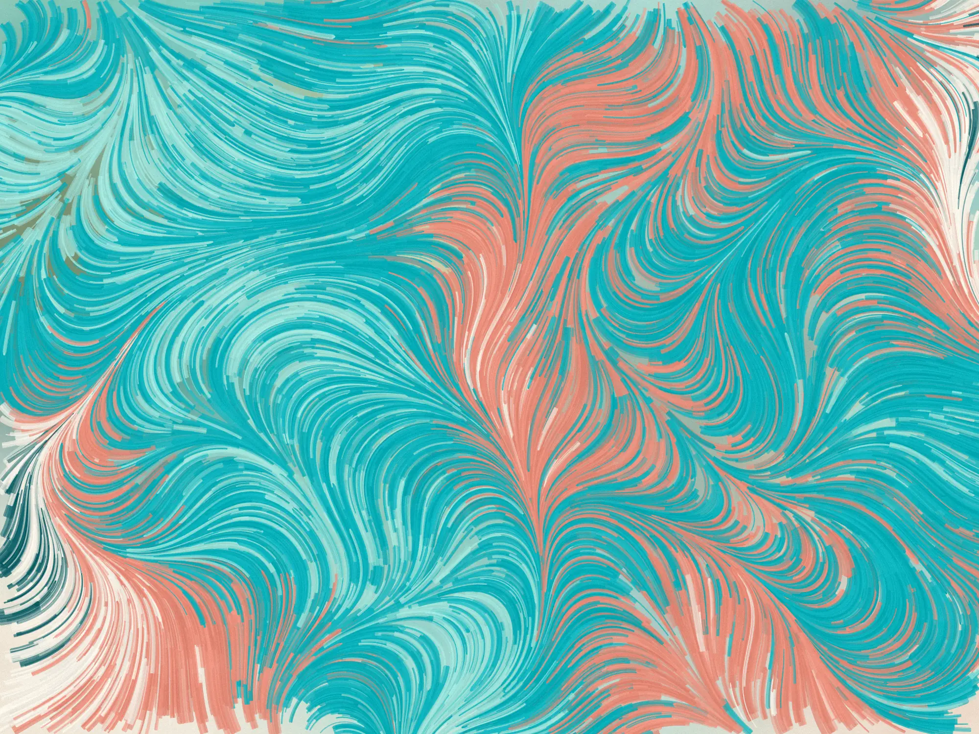 An abstract painting of swirling turquoise, mint and coral brushstrokes that flow like moving water