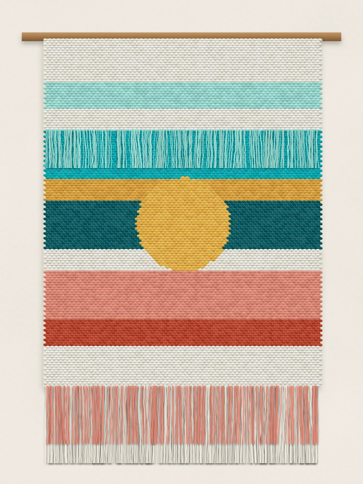 A woven wall hanging striped in cream, mint, turquoise, teal and coral, with a gold sun and a long fringe
